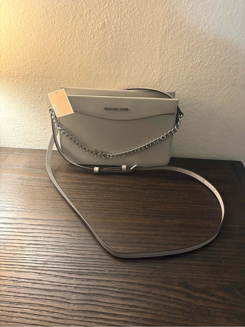 Michael Kors Light Grey Leather Crossbody with Chain Accent